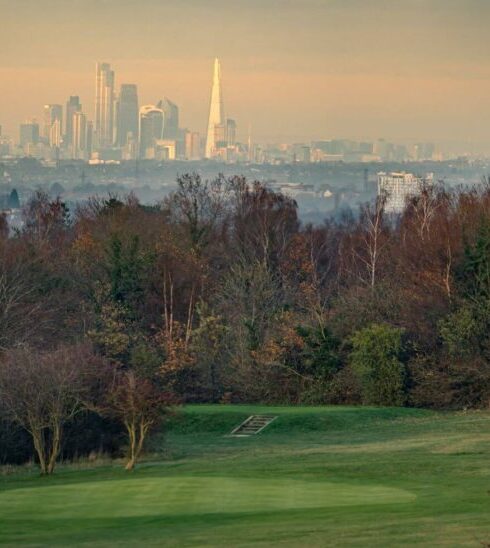 surrey golf course looking over london city skyline