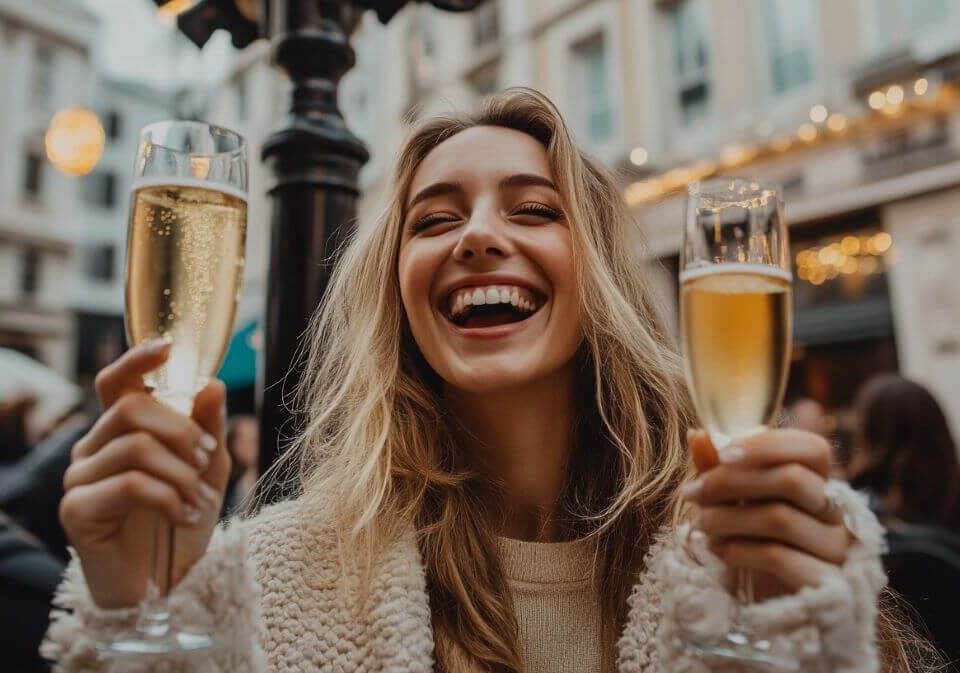 woman celebrates her engagement in London