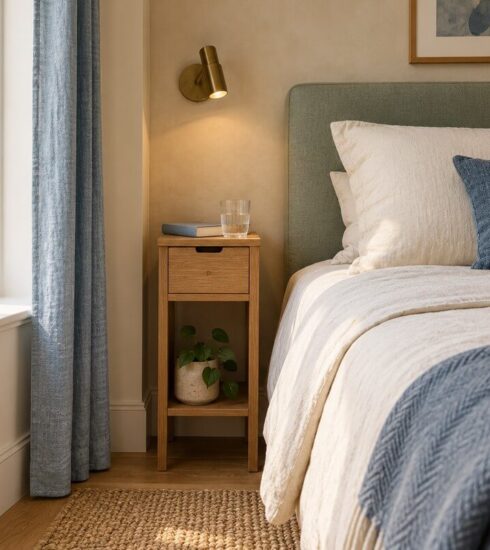 Slim wooden bedside cabinet with a drawer and open shelf beside a bed, beneath a wall-mounted reading light.