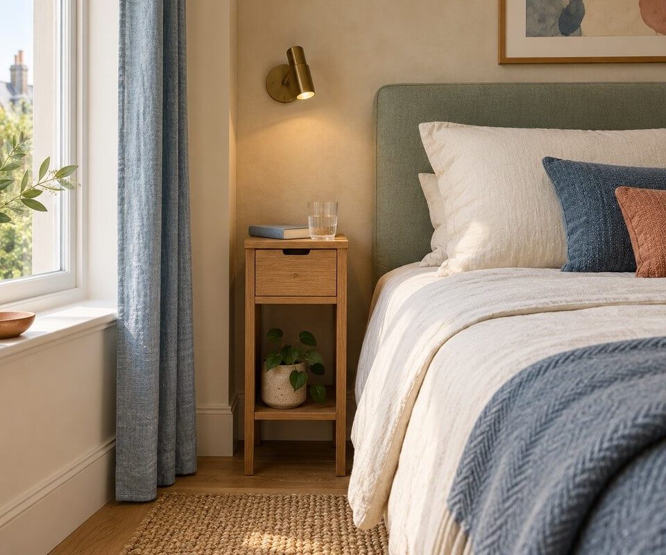 Slim wooden bedside cabinet with a drawer and open shelf beside a bed, beneath a wall-mounted reading light.